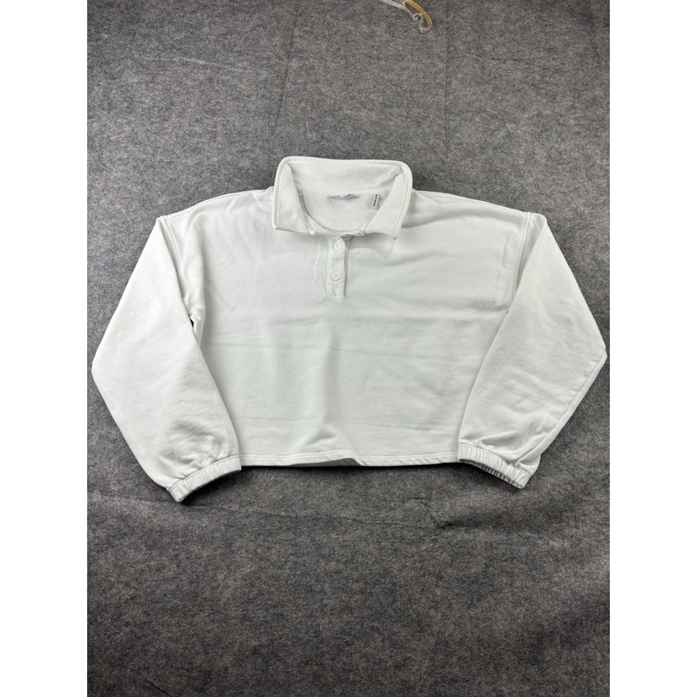 Peloton Women's M Henley Button Polo Sweatshirt $68 Gingham White Purple Cropped - Picture 8 of 8